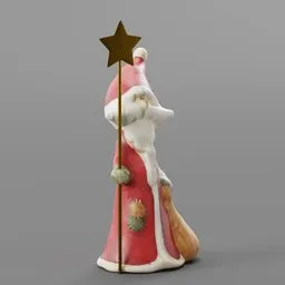 Detailed ceramic Santa Claus 3D model with a star-topped staff for holiday-themed Blender rendering.