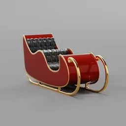 Detailed Blender 3D model of a red and gold Santa's sleigh with a luxurious black seat.