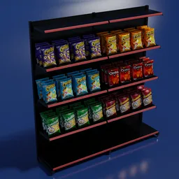 Detailed Blender 3D model of supermarket shelves stocked with products, ideal for scene composition.