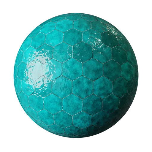 Blue hexagonal tiled PBR texture for 3D modeling and rendering in Blender, with reflective accents.