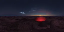 Extraterrestrial landscape HDR with glowing crater, night sky, and galaxy for virtual lighting.