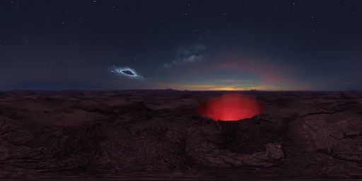 Extraterrestrial landscape HDR with glowing crater, night sky, and galaxy for virtual lighting.