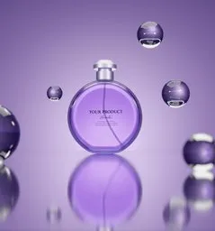 Photorealistic 3D-rendered purple perfume bottle with floating orbs, reflecting on a sleek surface for visual design.