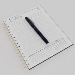 Detailed 3D model of a ring-bound notebook with pen, suitable for Blender rendering, white background.