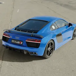 "Blue Audi R8 V10 luxury supercar model with realistic skin shader, inspired by Flavie Audi. Detailed tires, wheels, brakes, engine, head and taillights. Perfect for Blender 3D enthusiasts seeking a high-quality 2016 model with a simple interior."
