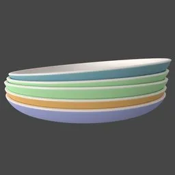 Realistic ceramic plates stack 3D model with pastel colors for Blender rendering.