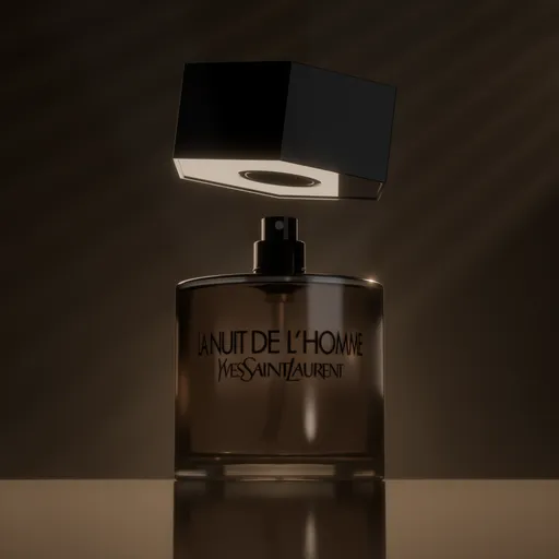 3D rendered YSL 'La Nuit De L'Homme' perfume with realistic golden lighting for luxury visualization.