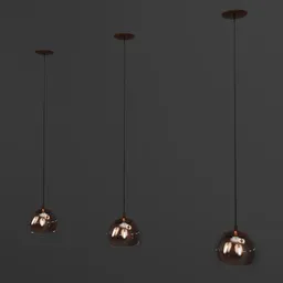 "Stylish glass pendant ceiling light with bronze details, modeled in Blender 3D. Inspired by Lodewijk Bruckman, this modern fixture features three hanging lights and a smooth copper finish. Perfect for adding chic sophistication to any room. "