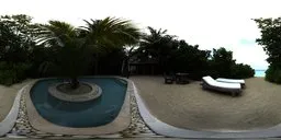 360-degree view of a tranquil Maldives poolside with lush greenery, perfect for realistic lighting in 3D scenes.