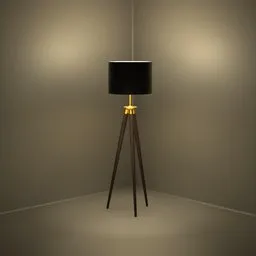 3D-rendered floor lamp with elegant dark wood stand & black shade for interior design, created in Blender.