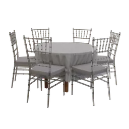 "3D model of a Tiffany Chair and table set for Blender 3D with a white table cloth and old-style chairs. Great for ballroom scenes or garniture arrangements. PSD spritesheet and anti-aliasing included."