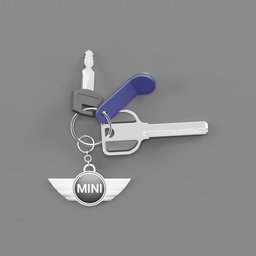 "3D model of a bunch of keys with a Mini Cooper keychain created with Blender 3D. Featuring a close-up view of the keychain with a mini logo, mechanical wings, and shades of kobalt blue, purple, and blue leather. Ideal for art enthusiasts and car lovers alike."