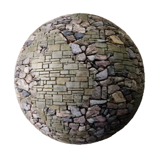 High-resolution 2K PBR texture of a mixed rock and stone wall, with displacement and procedural elements for Blender 3D.