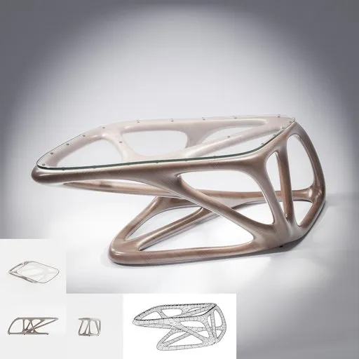 3D rendered wooden coffee table with a futuristic organic design and transparent glass top, compatible with Blender.