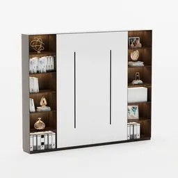 "Modern white office cupboard with mirror, bookshelf, and decorative items. Highly detailed 3D model for Blender 3D software, inspired by Friedrich Traffelet's design. Perfect for office storage and organization."