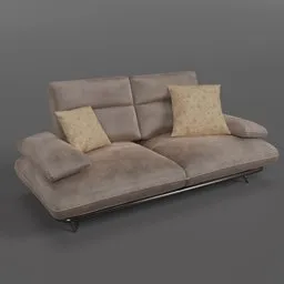 "Get a modern brown leather loveseat sofa in 3D with Blender 3D. This two-seater boasts detailed body shape, two pillows, and a top cushion. Ideal for interior design simulations, the couch stands out with its neutral tones and textured base."