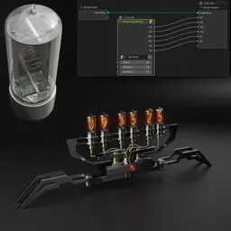 "Animated Nixie Machine II clock, designed by Frank Buchwald and Dalibor Farny using Blender 3D. Collaboration of retro electronic clock with 3D hammer modeling, black and green scheme, and flaming torches. Limited edition, valued at $30,000 per piece."