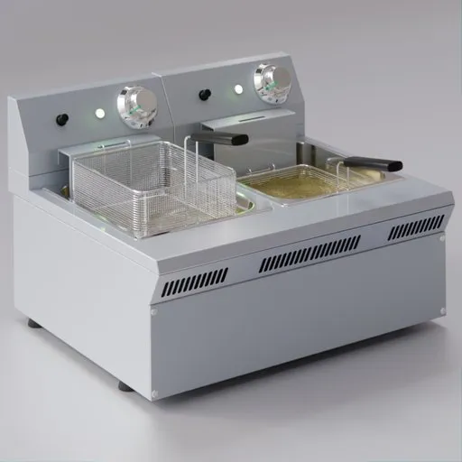 High-quality render of a dual-basket commercial deep fryer, compatible with Blender 3D software.