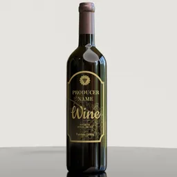 "3D model of a green and gold wine bottle with a label from Wine Producer Name, created in Blender 3D. The bottle sits on a table surrounded by green vines, and has won awards for its high quality. Perfect for use in restaurant and bar scenes."