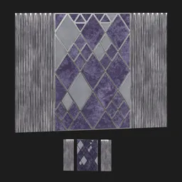 "3D panel asset for interior decoration - Purple velvet with mirrors in Minecraft style incorporating metallic colors, faceted geometry and angled walls. Perfect for Blender 3D projects involving ornate furniture or platinum jewelry."