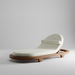 "Minimalist style pool/beach lounger 3D model with white chaise, wooden base, and serene emotion. Created in Blender 3D, extremely photorealistic and Japanese influenced, perfect for outdoor furniture renders and projects."