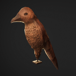 "Wooden bird figurine 3D model carved from oak for Blender 3D software. Super-detailed with copper hair and inspired by Andrea del Verrocchio. Adjust displacement scale for Eevee render optimization."