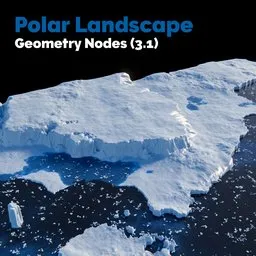 Detailed 3D model of a procedural polar landscape with textured icebergs and floating ice chunks in ocean.