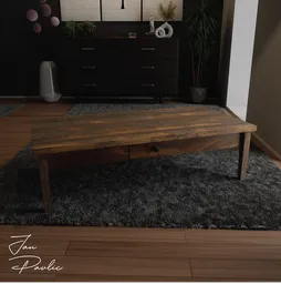 Rustic wooden 3D coffee table model with brass knob drawer, showcasing aged texture and nostalgic design.