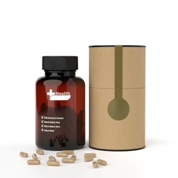 Realistic 3D rendering of a brown medicine bottle with Moringa capsules next to a cylindrical box.