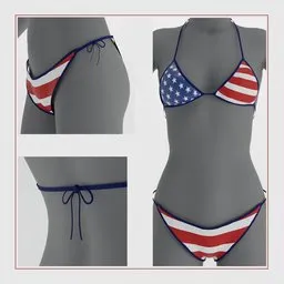 American flag bikini 3D model with optimized UV, showcasing detailed design elements and craftsmanship.