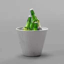 "Restaurant bar 3D model of a bucket of ice-cold beer with two bottles on a table. Rendered with Octane, Frostbite 3 engine, and Houdini, this high-resolution, well-rendered scene is inspired by Richard Benning's designs. Perfect for adding realistic beverage props to your Blender 3D projects."