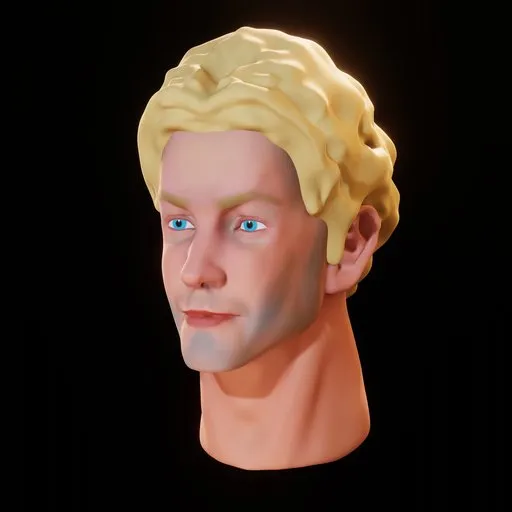 Detailed 3D male head model with expressive blue eyes and blonde hair, suitable for Blender digital sculpting reference.