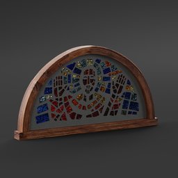 Detailed 3D model of a semi-circular stained glass window with colorful patterns, framed in wood.