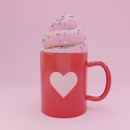 Detailed 3D-model of a red heart mug with pink whipped cream topping for Blender rendering.