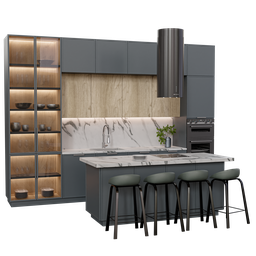 Realistic Blender 3.6 kitchen 3D model featuring modern appliances, bar stools, and wooden accents in centimeters.