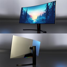 34-inch 3D curved monitor model with RGB lighting, optimized for Blender, displaying a scenic wallpaper, view from front and back.