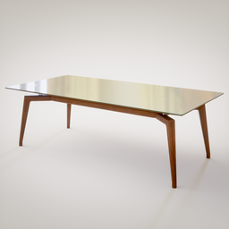 "Rectangular wood and glass dining table designed by Sier, optimized for use in Blender 3D software. Features detailed wooden base and reflective glass top in a minimalist mid century style."