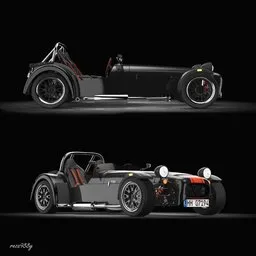"Experience the thrill of racing with the highly-detailed Caterham Seven 620r 2013 3D model, featuring a striking black and red design inspired by Laura Knight. With interior details and a roadster build, this 3D model is perfect for 3D designers using Blender 3D software."