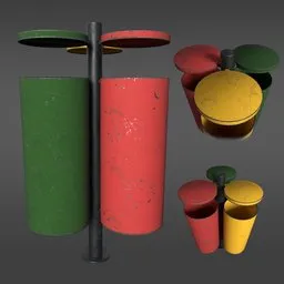 Detailed realistic Blender 3D model of three colored ecologic trash bins with texturing, optimized for cityscape rendering.