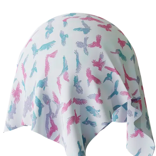 High-quality 4K PBR textured fabric showcasing a colorful bird pattern, suitable for Blender 3D and other applications.