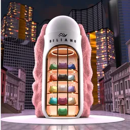 Futuristic luxury handbag display in a sophisticated 3D Blender mockup scene with urban backdrop.