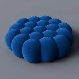 Realistic 3D pouf model with adjustable sheen, blue fabric texture, for Blender rendering and design visualization.