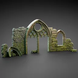 Detailed 3D model of a moss-covered, ruined Gothic archway suitable for virtual historic environments.