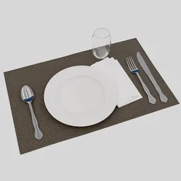 Realistic Blender 3D model featuring detailed dinnerware set with utensils, plate, and glass on a textured mat.