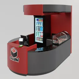 "Japanese Food Kiosk: A sleek and stylish 3D model for Blender 3D featuring a close-up view of a vending machine with a drink on the counter. Inspired by Kaigetsudō Anchi, this shopping-retail category model showcases smooth lines and a powerful design with a rounded ceiling. Perfect for adding an authentic touch to your scene."