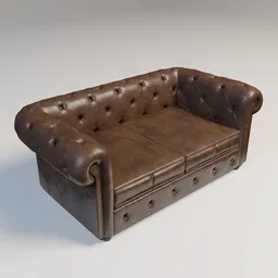 "Brown Leather Chesterfield Sofa - Double 3D Model for Blender 3D: A manly and detailed representation of a chesterfield-style double sofa. This low-poly model features a brown leather upholstery with button accents on the back, inspired by Jan Victors and Eugène Burnand. Perfect for realistic interior scenes and 3D design projects."
