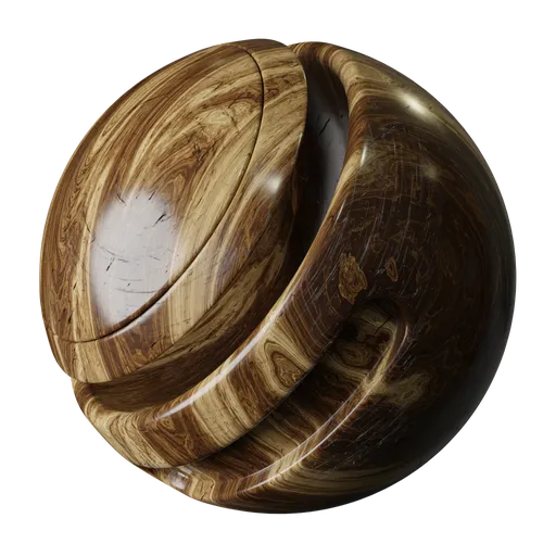 High-resolution PBR scratched wood material for 3D rendering in Blender, displaying polished yet damaged surface.
