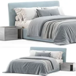 "Blender 3D model of the Bed Zalf Slim with blue headboard, nightstand, and grey metal body. High detail and beauty retouch, delivered in parcel box with large, medium, and small elements. Dimensions of 183cm x 218cm x 96cm H and 445,670 polys."