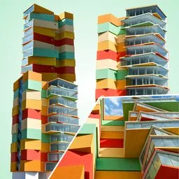 Detailed 3D Blender model of colorful twin tower apartment with reinforced concrete, steel, wood, plaster, and glass.