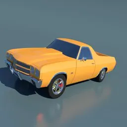 High-quality 3D rendering of a yellow Chevrolet El Camino without interior, ready for Blender use.